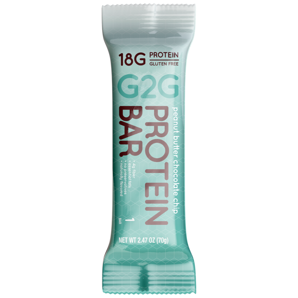 G2G Protein Bar Peanut Butter Chocolate Chip Flavor 18 grams of protein in every bar 70 gram bar freshly ground peanut butter whey protein isolate